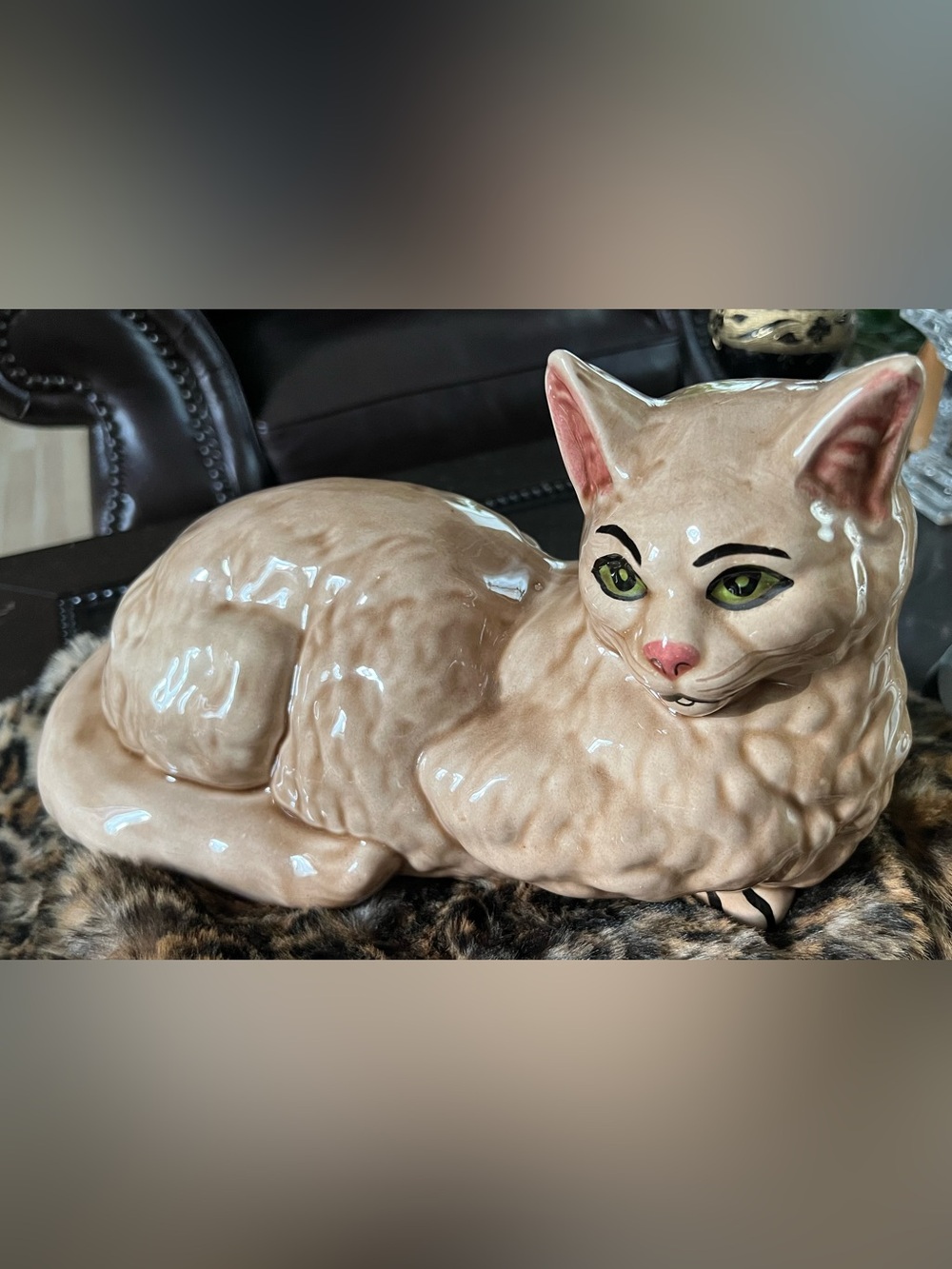 Vintage Ceramic Reclining Cat Figurine 13" Beige Cream Green Eyes Statue Decor